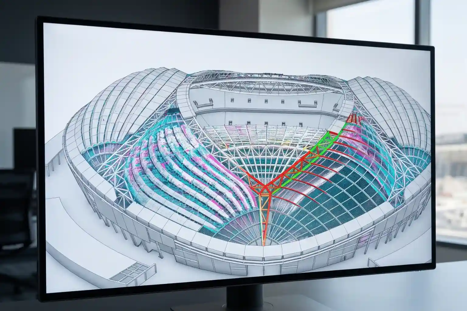 Computer monitor displaying a colorful 3D LiDAR point cloud dataset overlaid directly on top of a clean grey digital architectural blueprint model for structural deviation checks.