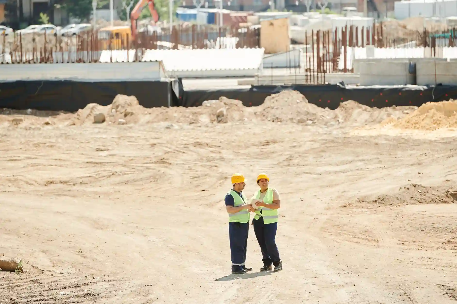 Two civil survey engineers wearing safety helmets and high-visibility vests reviewing site survey plans on a tablet across a large earthworks construction plot.