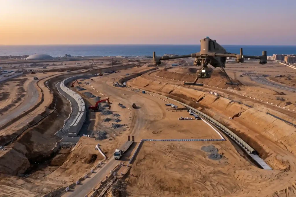 DJI Matrice 400 drone performing radiometric thermal infrastructure inspection over ROSHN MARAFY canal excavation in Jeddah.