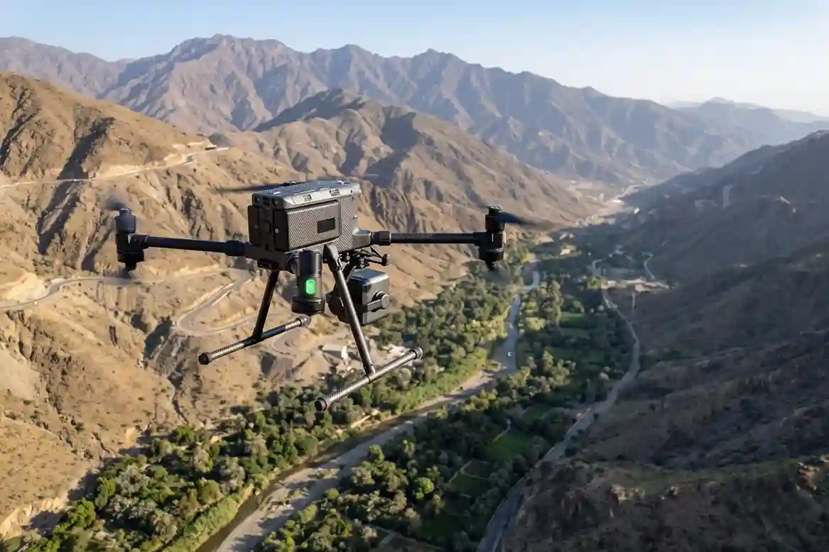 DJI Matrice 400 drone equipped with Zenmuse L3 LiDAR payload conducting a flood mapping survey over the Abha Valley corridor.