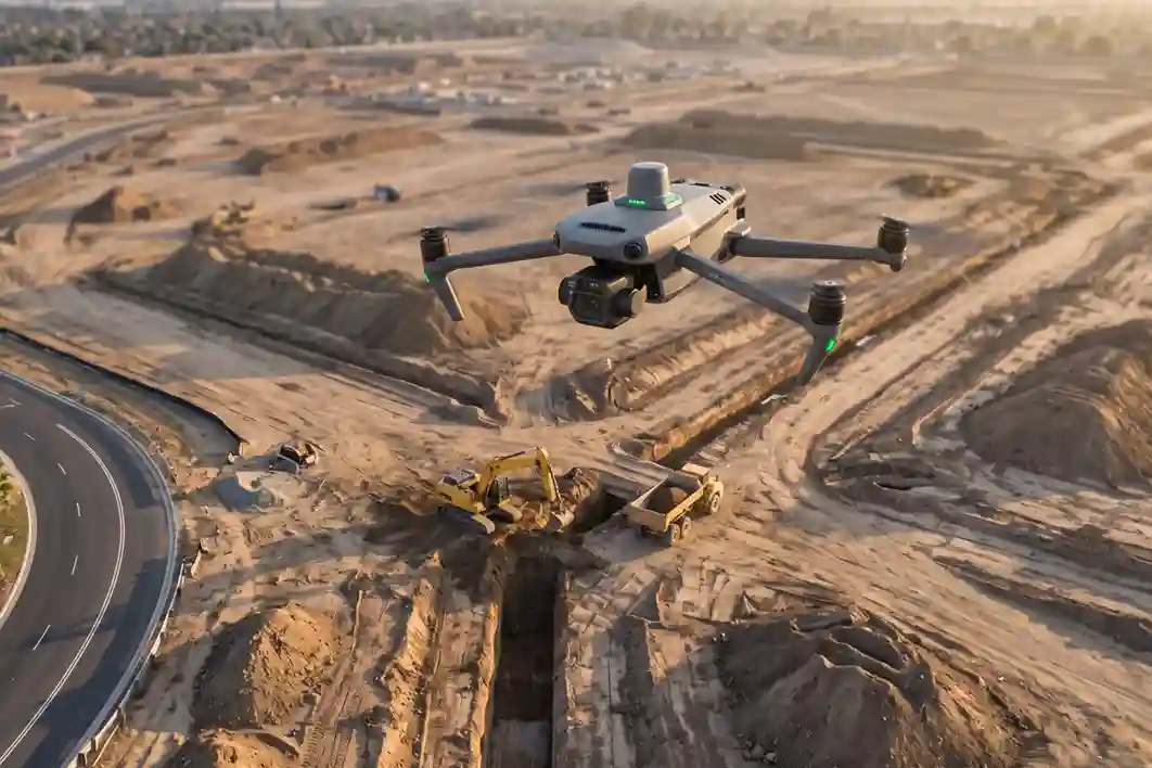 Compact DJI Mavic 3 Enterprise drone equipped with RTK module performing progress monitoring over an active civil enablement site.