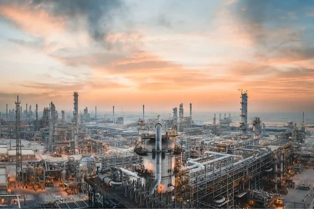 Aerial view of the Amiral Petrochemical Complex construction site in Jubail with an inspection drone surveying civil earthworks and structural steel.