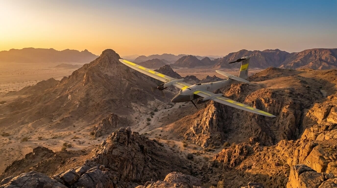 Fixed-wing drone flying over rugged Saudi Arabian terrain for drone survey and mapping