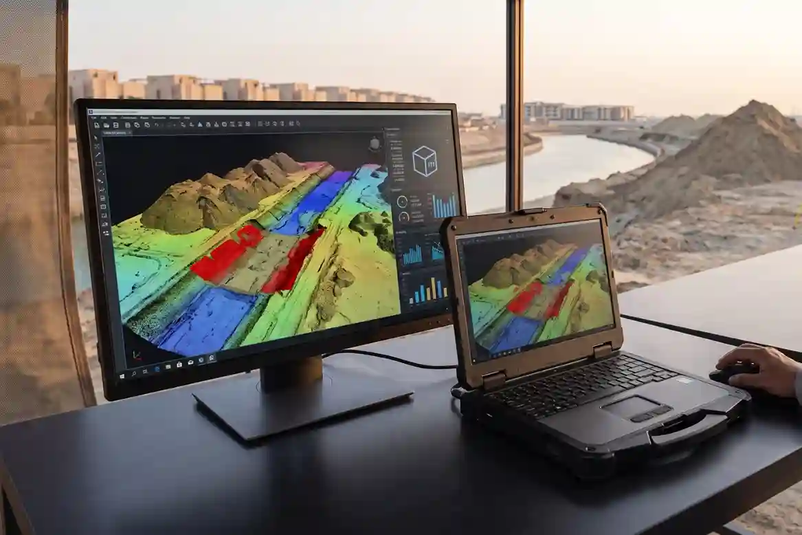 3D digital elevation model and cut-and-fill volumetric earthworks calculation display of soil stockpiles.