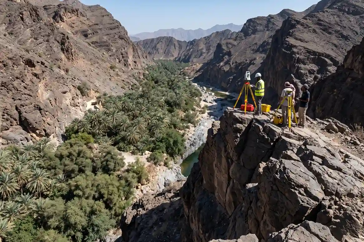 Steep mountain riverbed with dense vegetation canopy along the Abha Valley showing flash flood risk areas.
