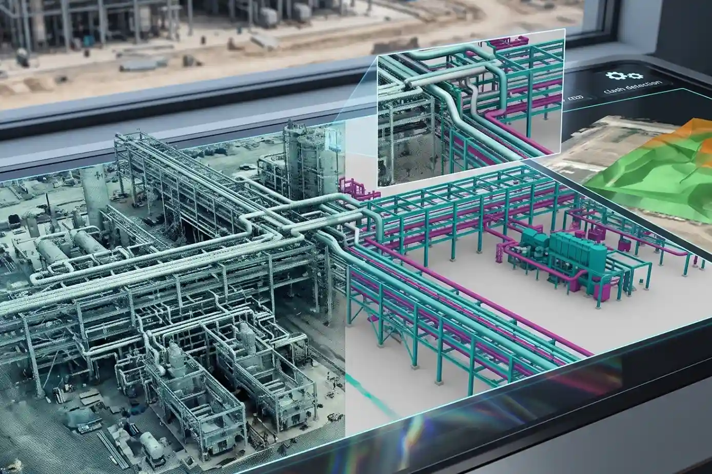 3D digital twin point cloud merged with a BIM CAD model overlay showing petrochemical plant construction alignment.