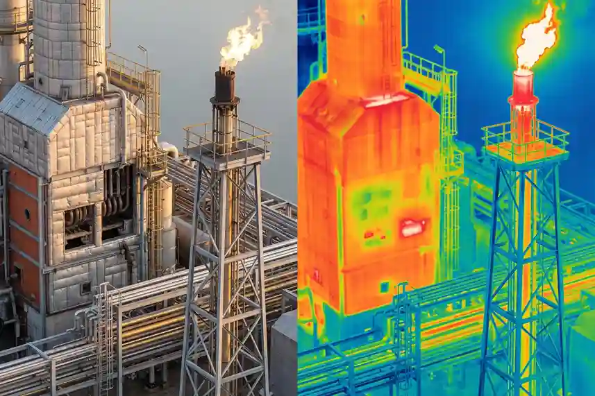 Radiometric thermal imagery of a flare stack tip and cracking furnace lining showing surface temperature distributions.