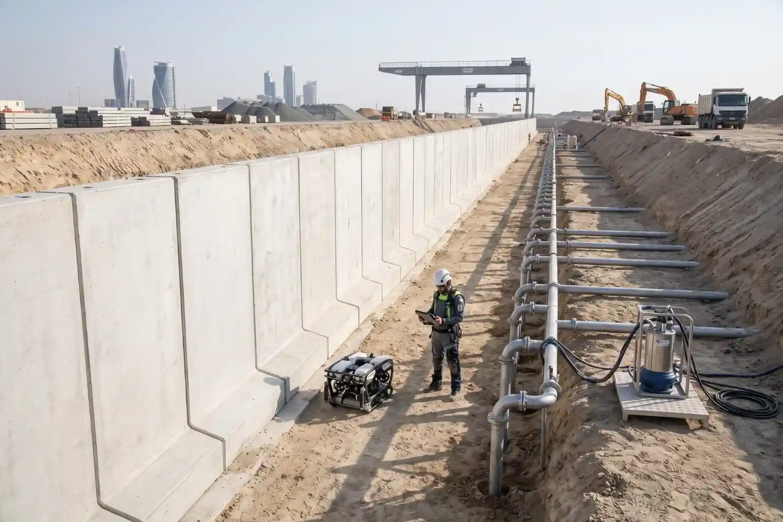 Precast concrete quay walls and deep dewatering wellpoint system along the MARAFY canal excavation trench.