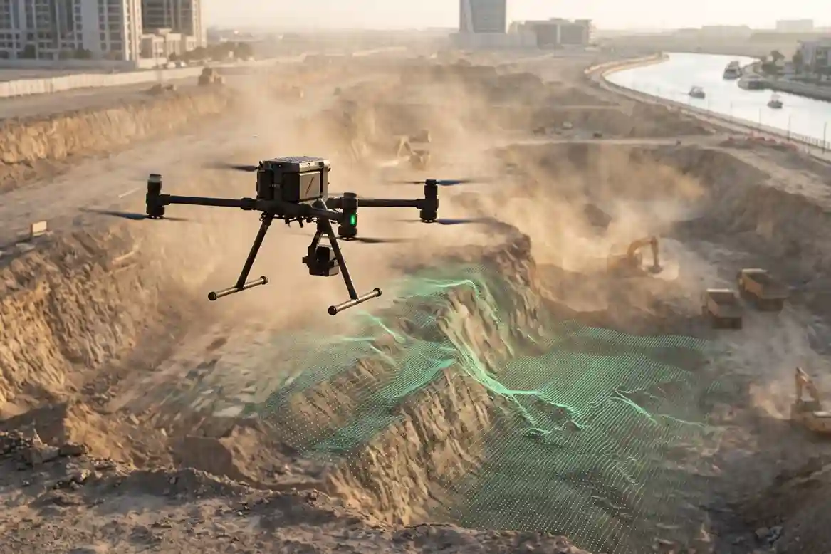 DJI Zenmuse L2 LiDAR payload mounted on DJI Matrice 350 RTK performing topographic laser scan.