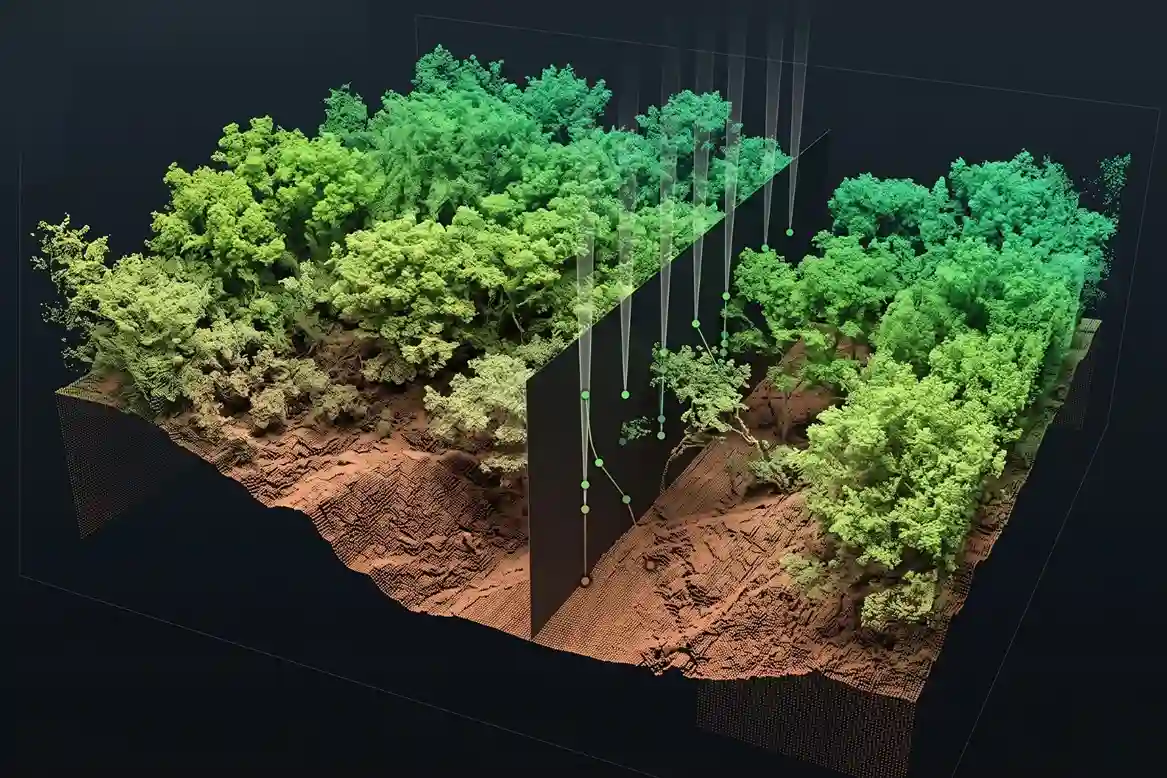 Multi-return LiDAR point cloud visualization showing vegetation canopy penetration and bare-earth terrain extraction.