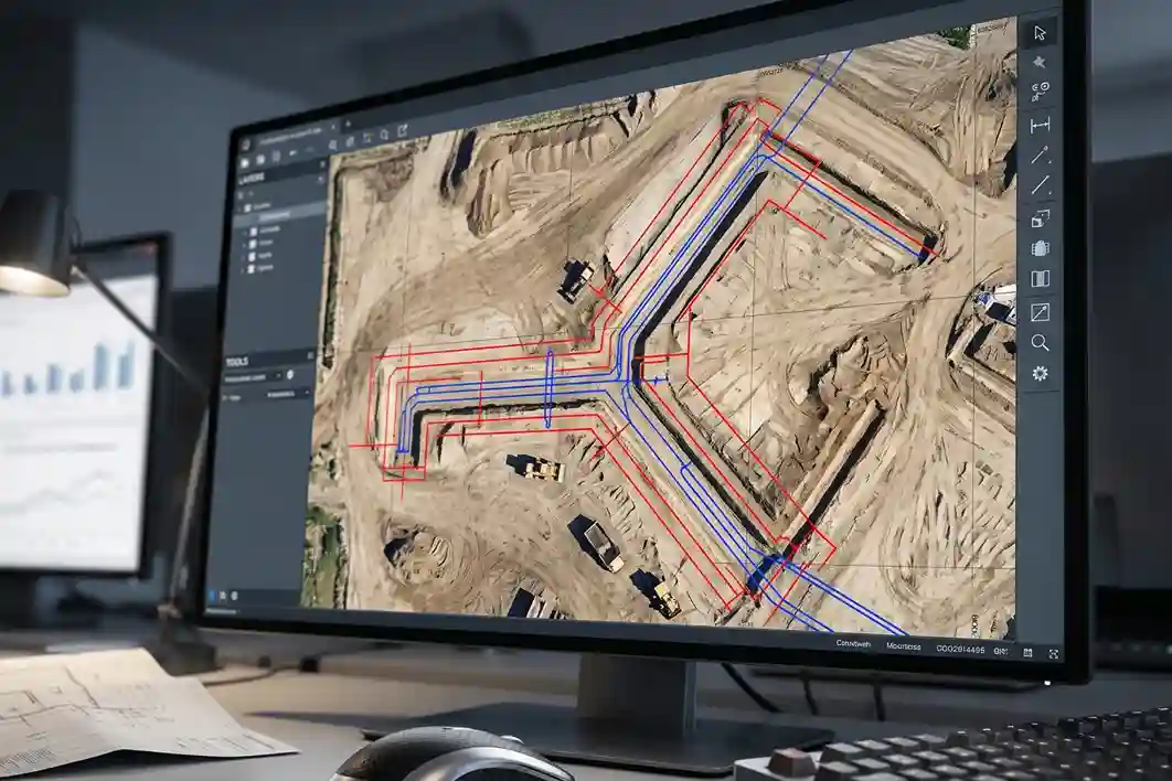 High-resolution orthomosaic site map overlaid with vector CAD engineering design lines for construction tracking.