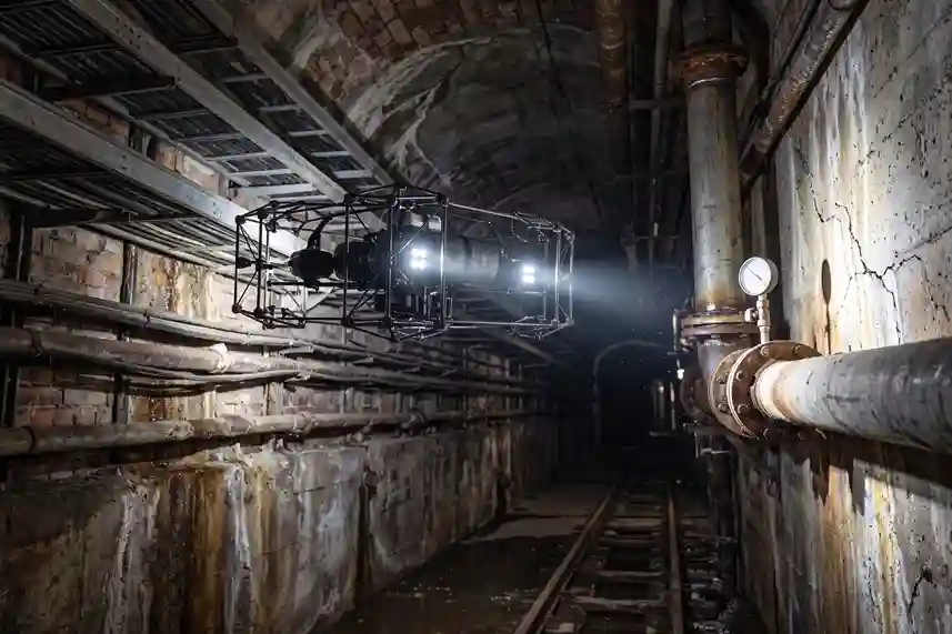 CCTV crawler robot navigating inside an industrial effluent pipe to inspect structural cracks and chemical erosion.