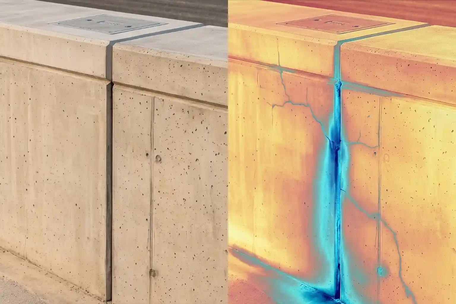 Split-screen visual and radiometric thermal image showing temperature differential and groundwater seepage behind concrete retaining wall.