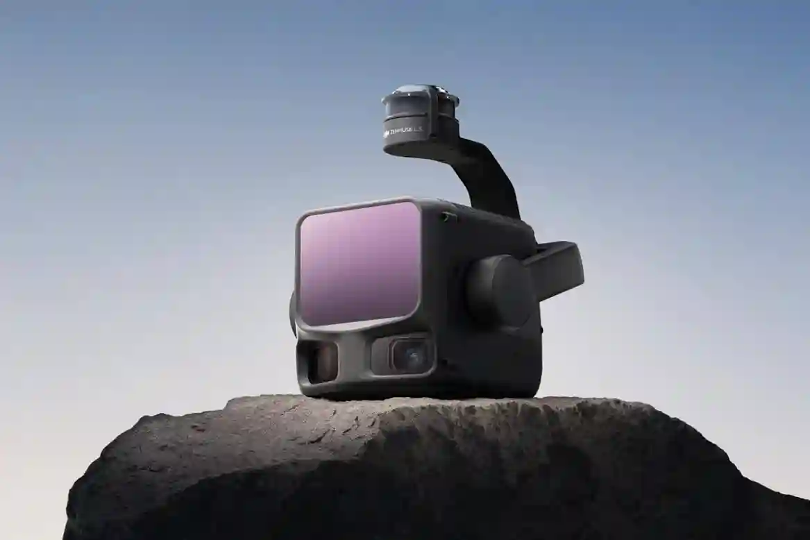 Close-up view of the DJI Zenmuse L3 long-range LiDAR sensor and dual 100MP mapping camera payload.