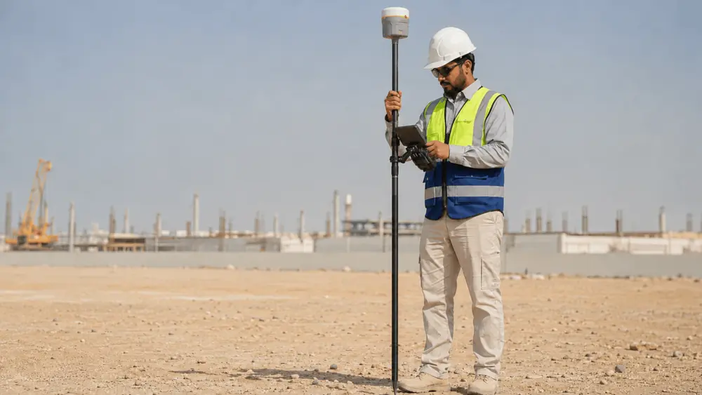 Topographic land survey in Saudi Arabia: GNSS RTK ground control point being set on a construction site, the geodetic foundation shared by every survey we run, drone or ground