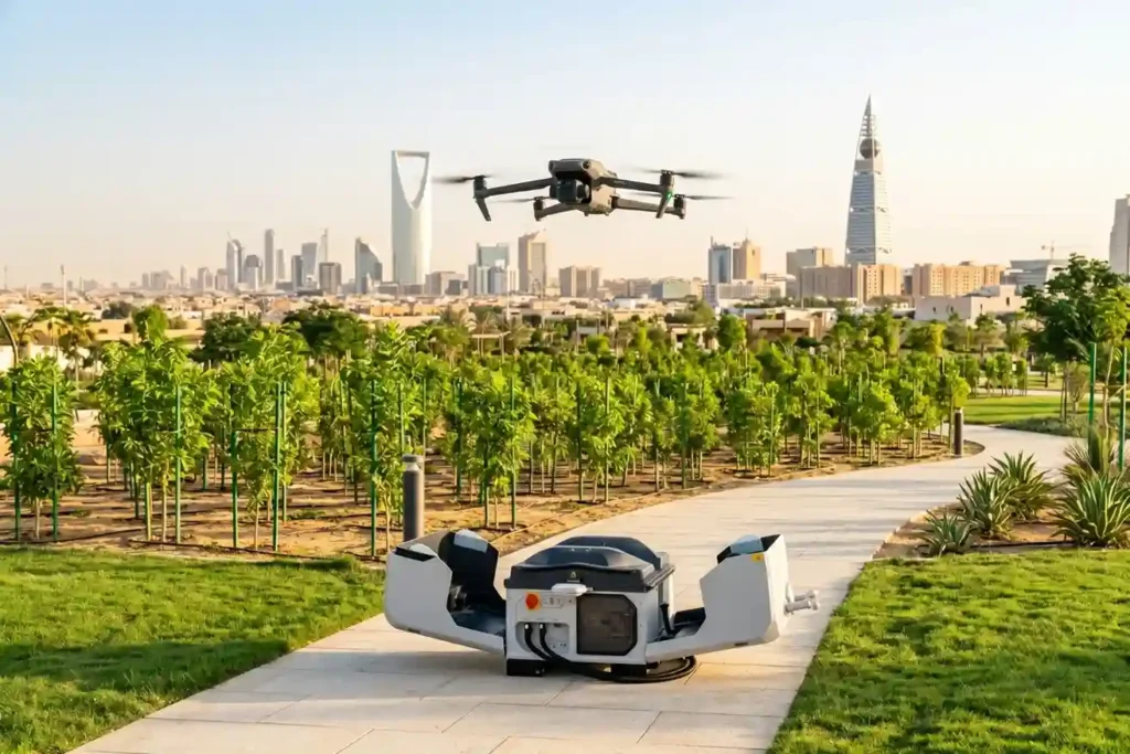 DJI Dock 3 autonomous drone docking station stationed at a facility perimeter in Riyadh Industrial City.