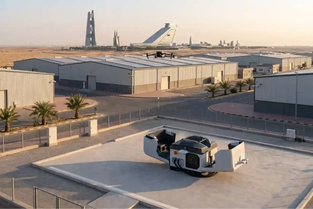 DJI Dock 3 autonomous drone docking station deployed in an open industrial park setting.
