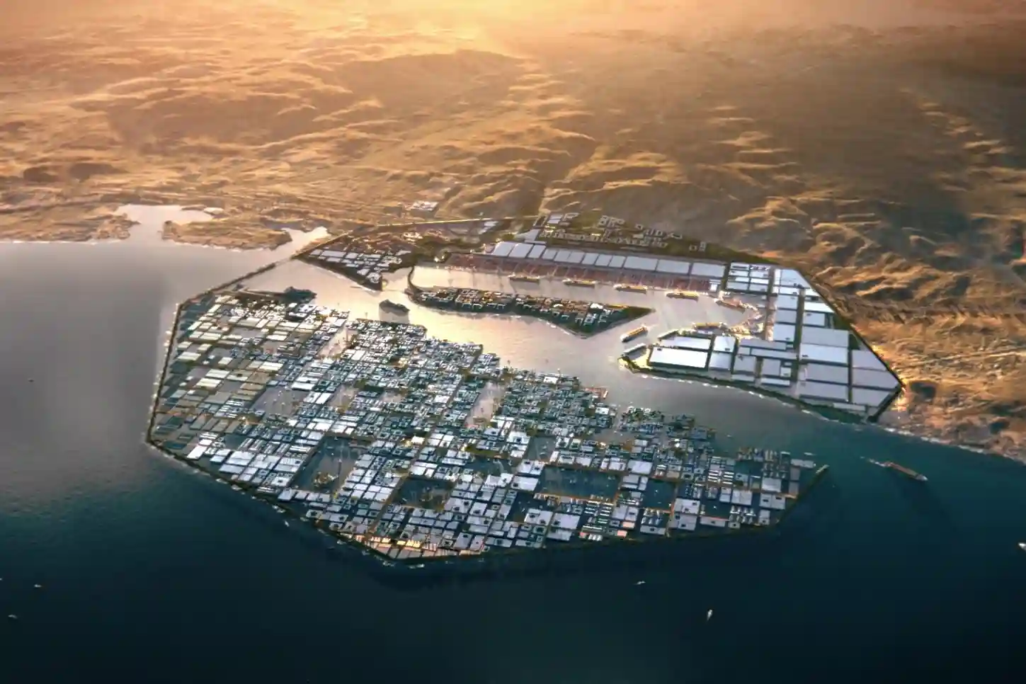 High-altitude aerial view of coastal industrial terrain and multi-utility rights-of-way at NEOM Oxagon.