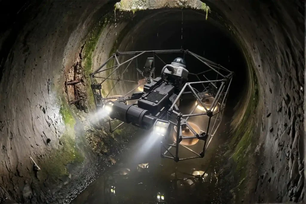 CCTV sewer inspection crawler robot traversing a dry concrete drainage pipe.