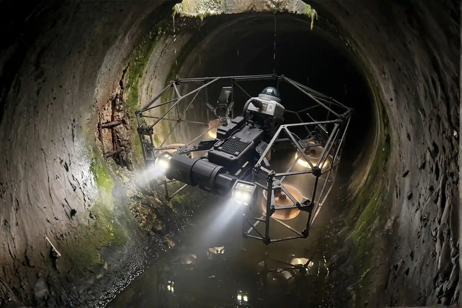 CCTV sewer inspection crawler robot traversing a dry concrete drainage pipe.