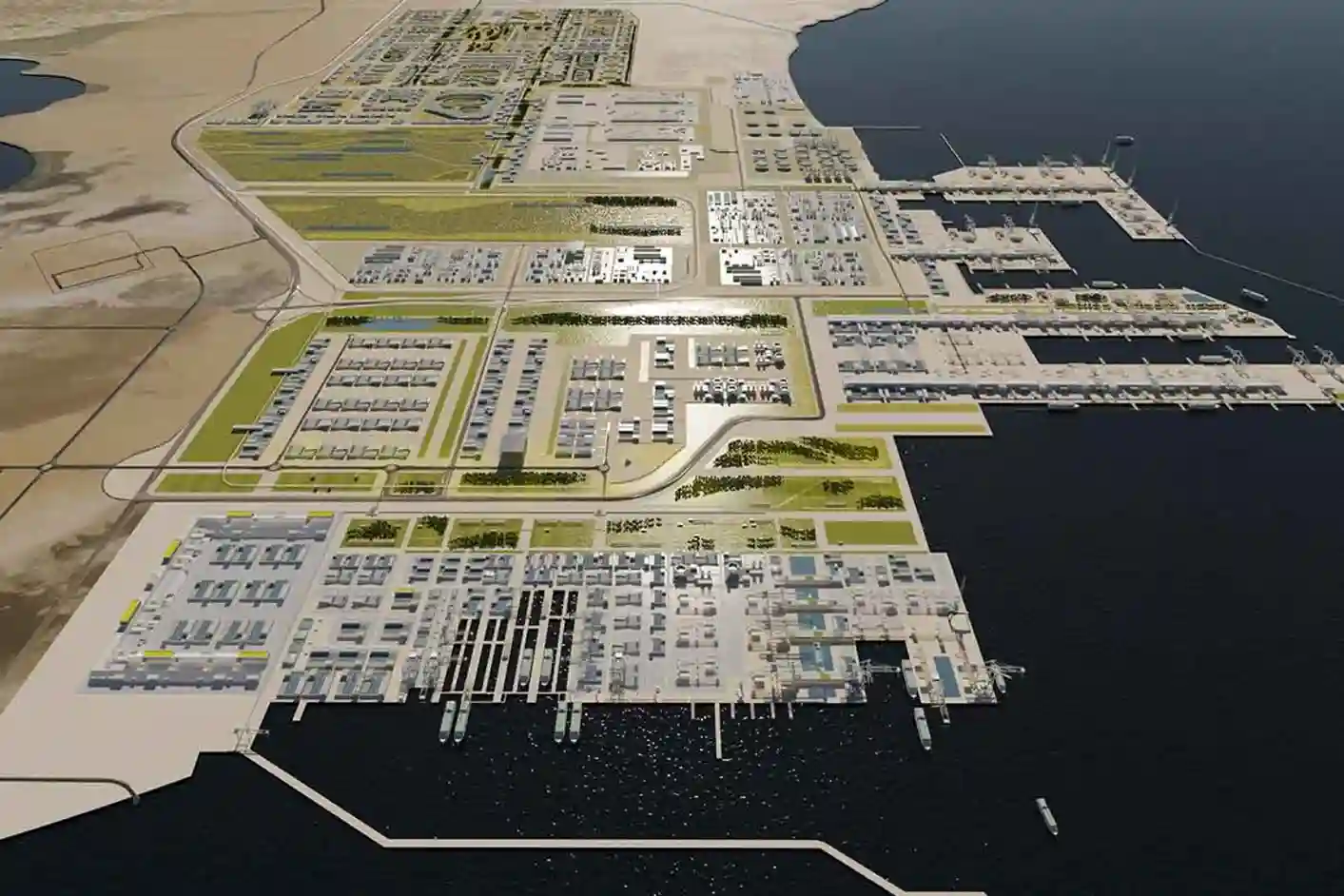 Aerial wide view of a large commercial shipyard and dry dock facility with a vessel undergoing structural inspection.