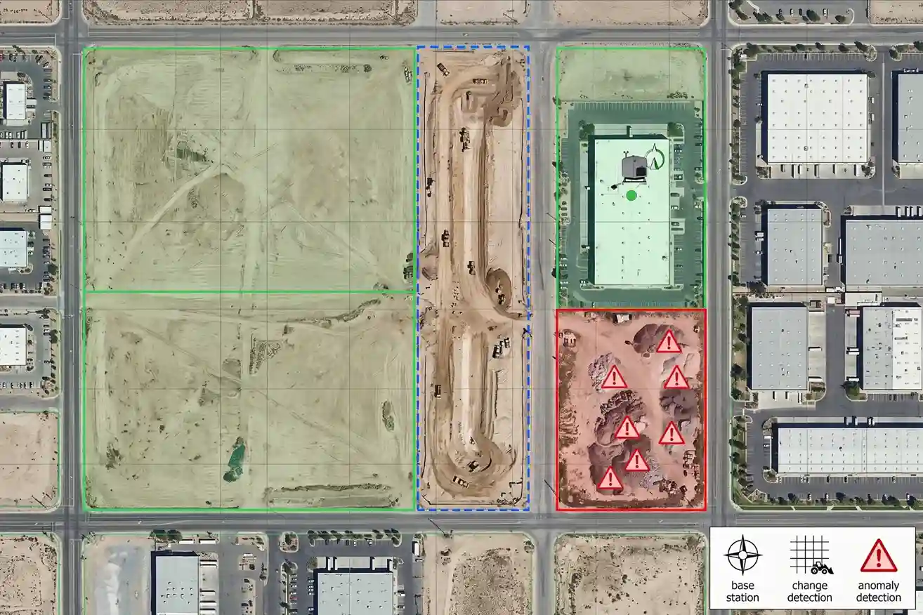 High-altitude aerial orthomosaic view of industrial vacant plots and construction corridors tagged with GIS anomaly markers.