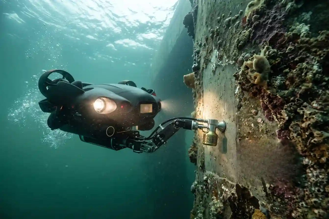 QYSEA FIFISH subsea ROV operating near a submerged concrete quay wall piling.