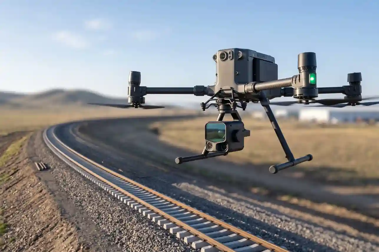 DJI Matrice 400 heavy-lift drone equipped with a DJI Zenmuse L3 LiDAR sensor hovering over a rail construction site.