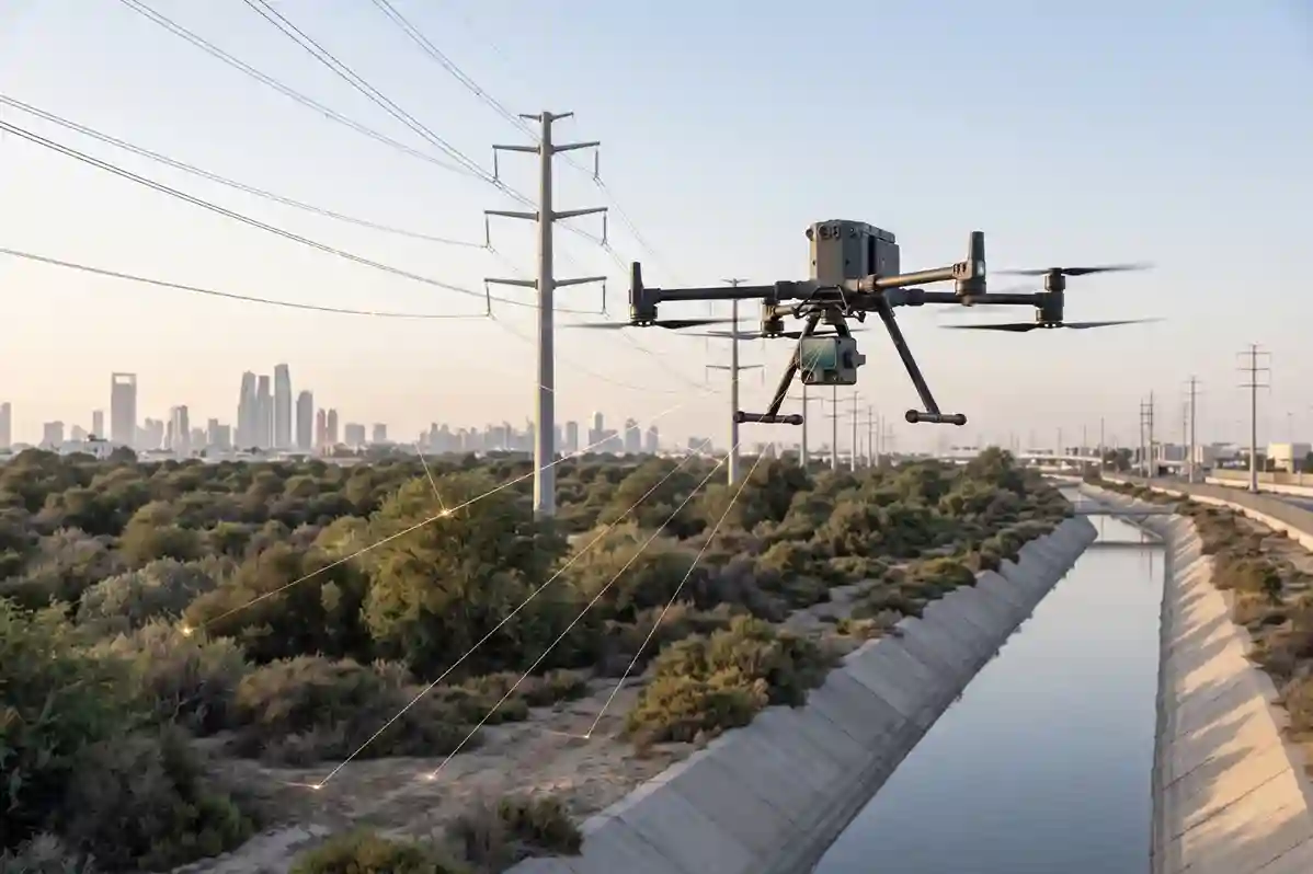 Heavy-lift DJI Matrice 400 drone equipped with a Zenmuse L3 LiDAR payload mapping an industrial drainage corridor.