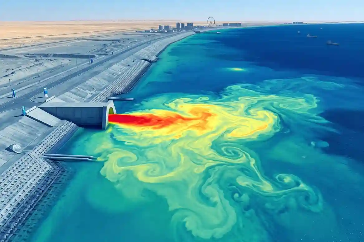 Radiometric thermal imagery display showing a warm thermal effluent plume dispersing from a coastal outfall headwall into marine waters.