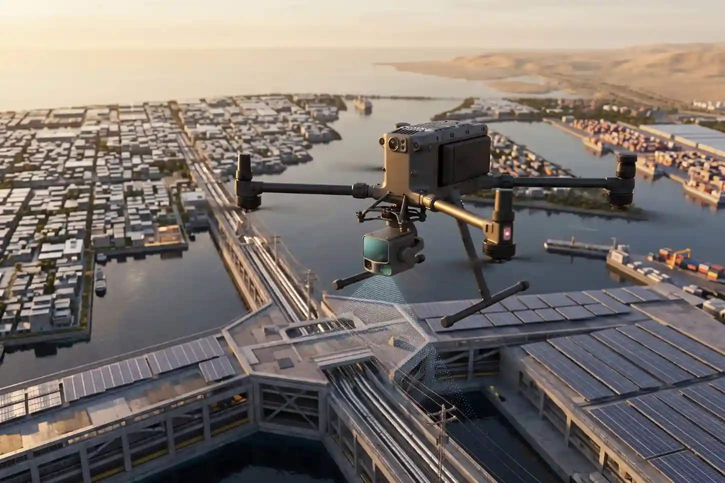 Heavy-lift DJI Matrice 400 drone carrying a Zenmuse L3 LiDAR payload mapping an extended utility right-of-way.