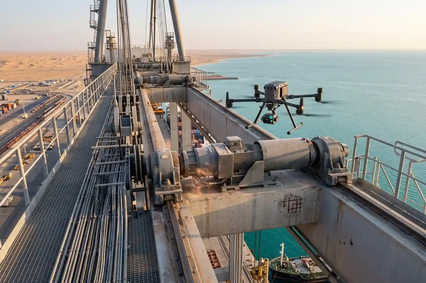 DJI Matrice 400 drone carrying a Zenmuse H30T payload inspecting a ship-to-shore gantry crane superstructure.