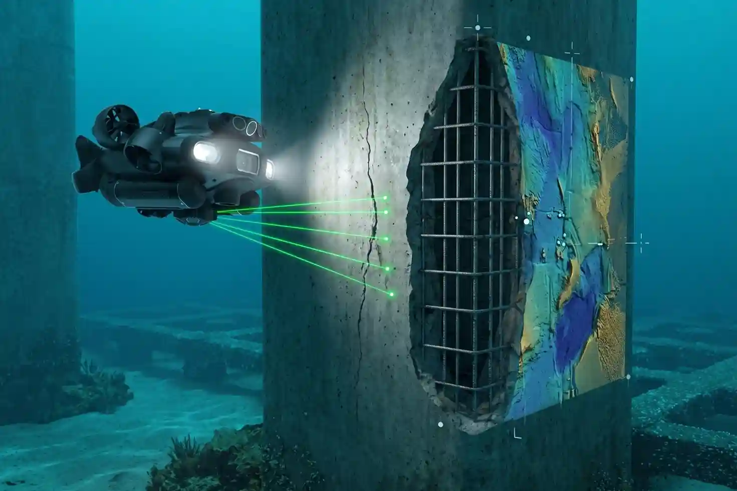 Underwater QYSEA FIFISH ROV using LED lights and laser scalers to inspect a submerged concrete quay wall piling.
