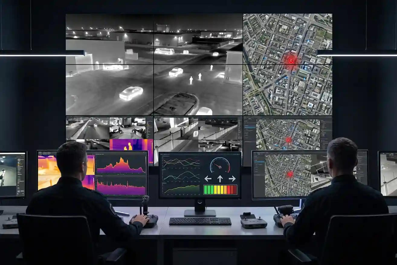 Security operators monitoring live 4K thermal video streams from an autonomous DFR drone on a central command dashboard.