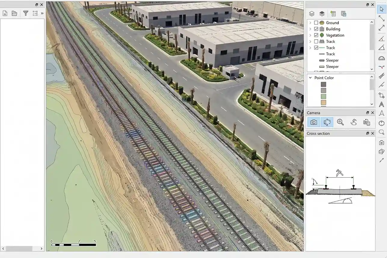 True-color 3D LiDAR point cloud visualization showing extracted rail track geometry, concrete sleepers, and ballast shoulder profiles.