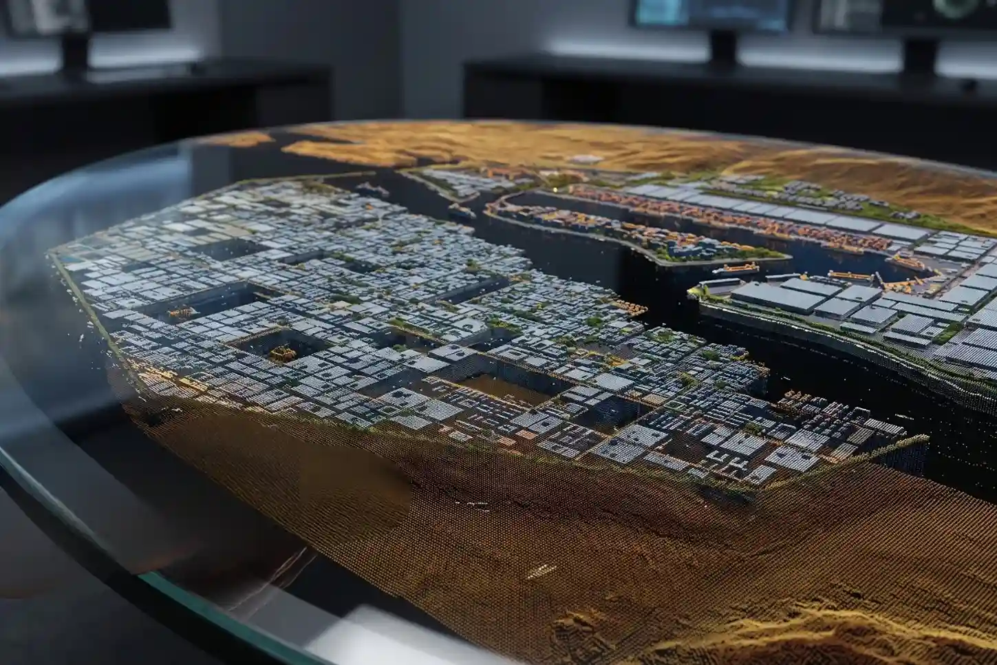 Color-coded 3D LiDAR point cloud rendering highlighting bare-earth terrain points versus above-ground structures.