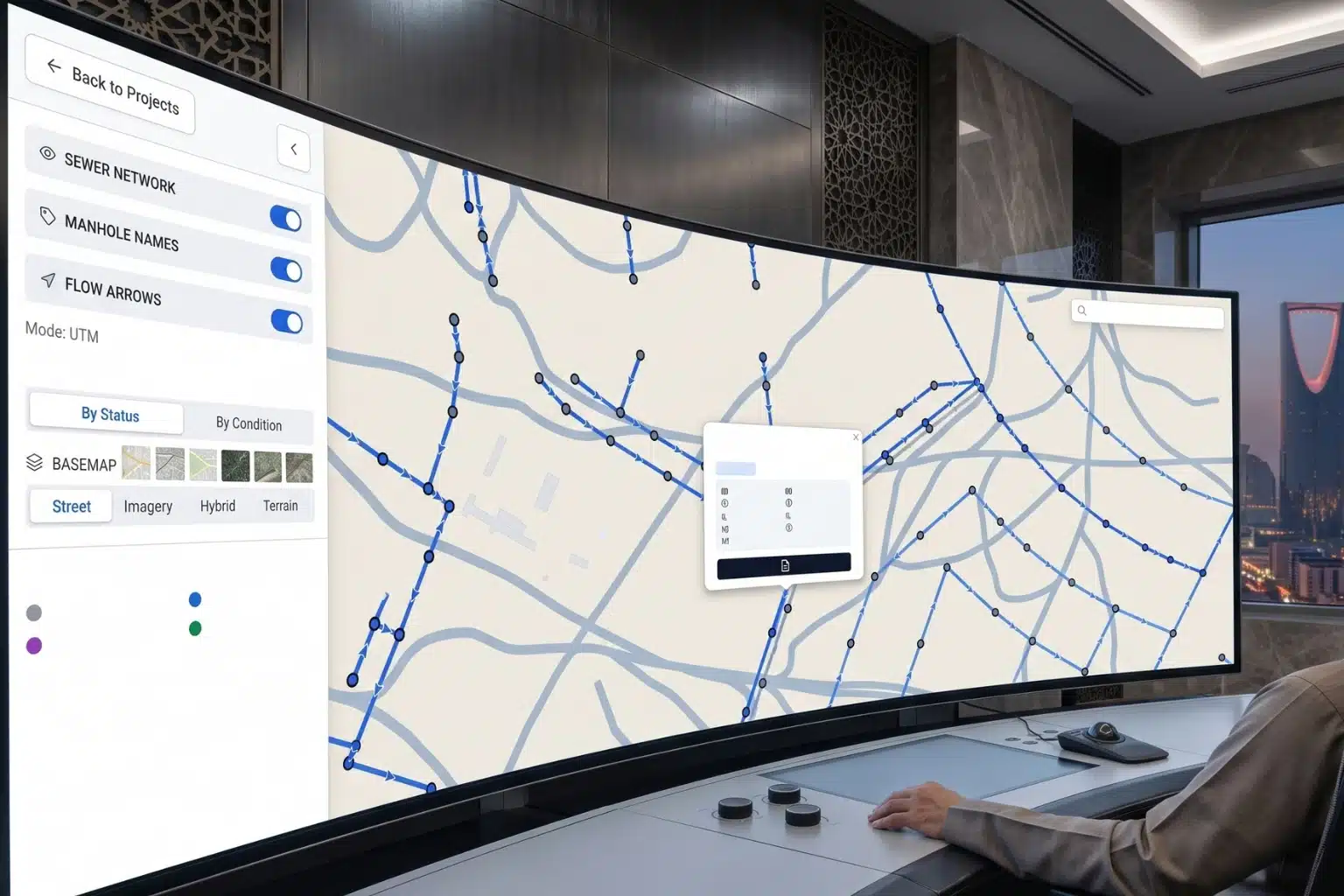 GIS map dashboard displaying color-coded pipeline defect severity layers over a municipal road network.