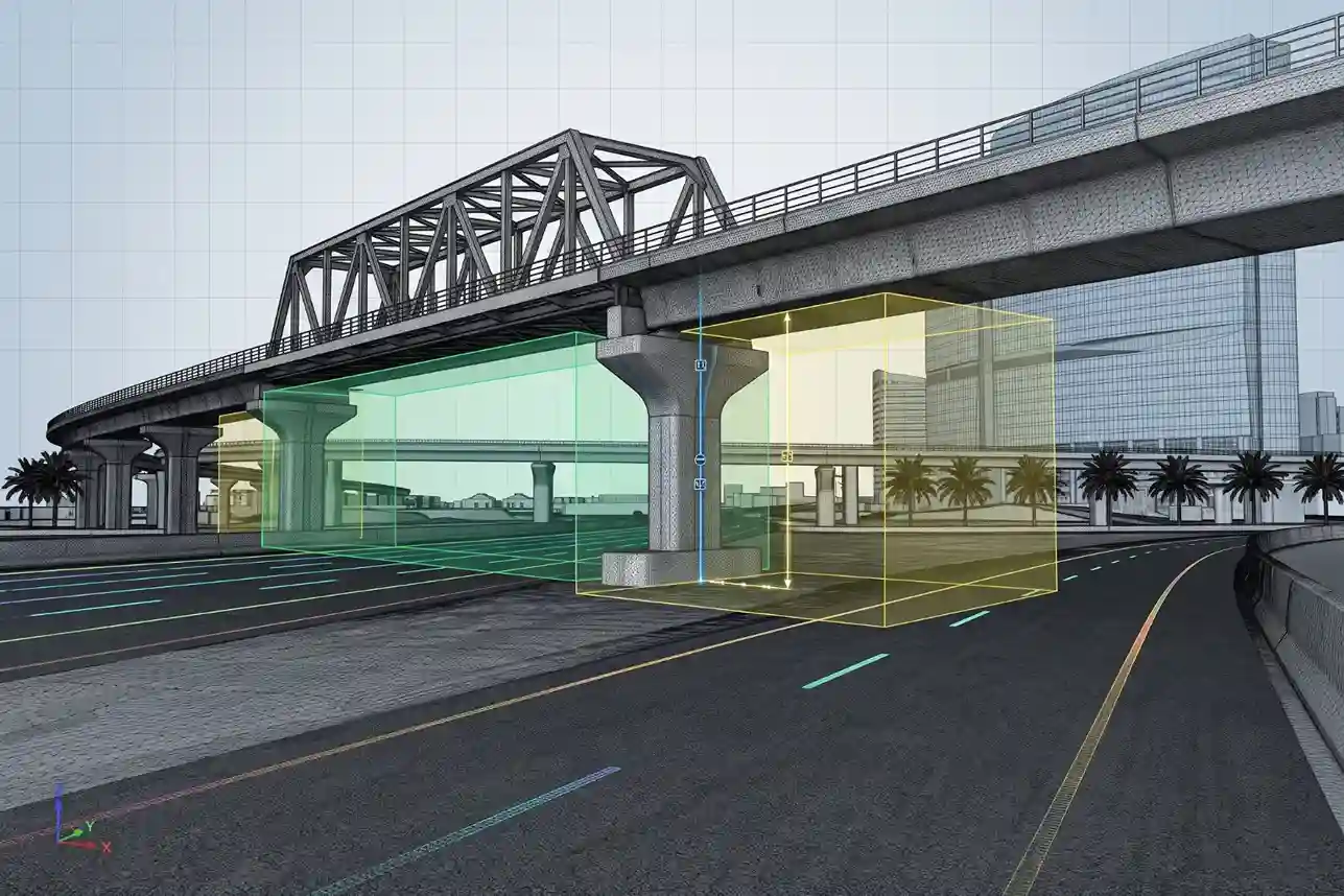 3D digital mesh model of the 265-meter railway bridge crossing over Highway HW615.