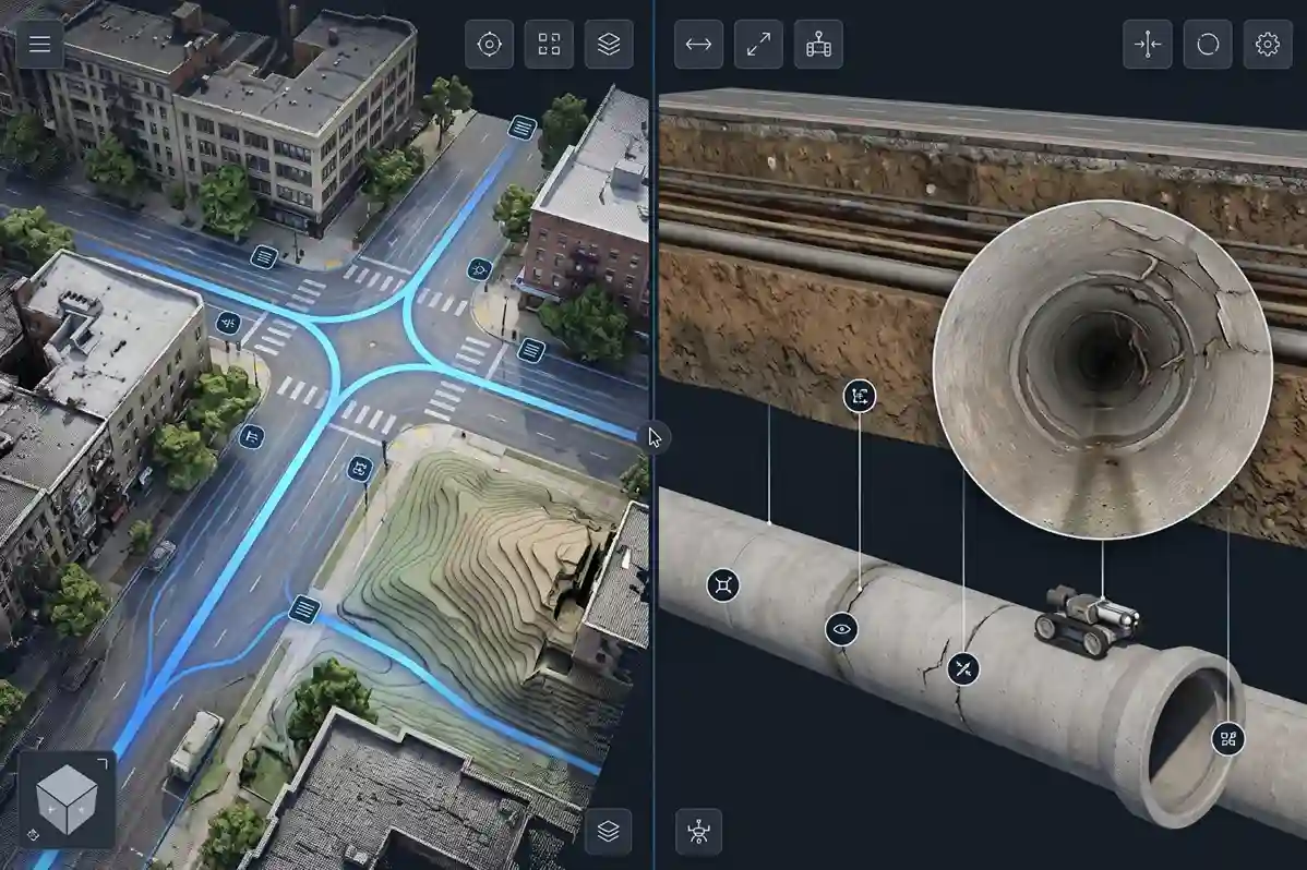 Split-screen GIS interface combining an aerial 3D surface model with underground CCTV crawler pipe defect inspection data.