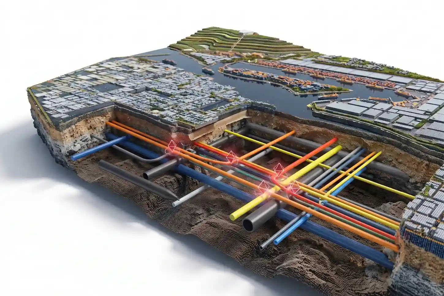 Split-screen 3D BIM and GIS model showing proposed underground pipelines overlaid on a high-density LiDAR terrain surface.