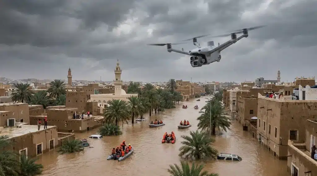 Emergency response drone conducting aerial incident assessment over flooded streets in Saudi Arabia, guiding rescue crews