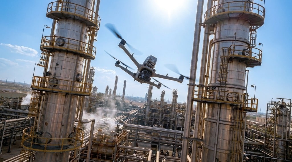 Drone environmental monitoring at an oil and gas refinery in Saudi Arabia: enterprise drone inspecting distillation columns and emissions plumes