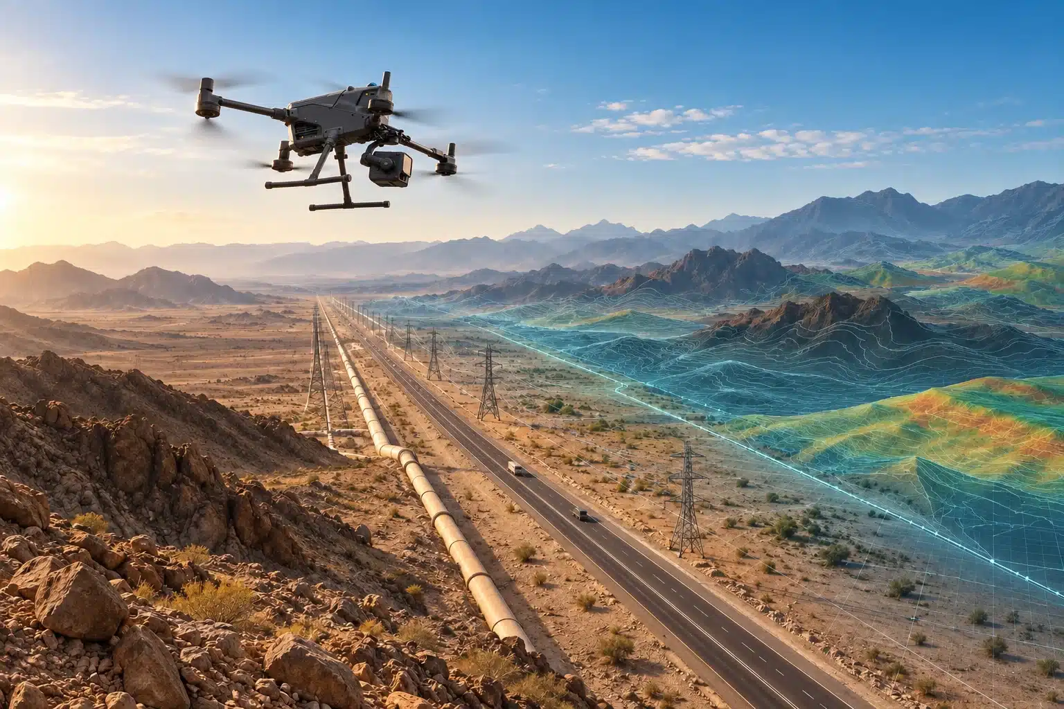 Aerial LiDAR drone survey and 3D terrain elevation mapping over energy pipeline and infrastructure corridor in Saudi Arabia