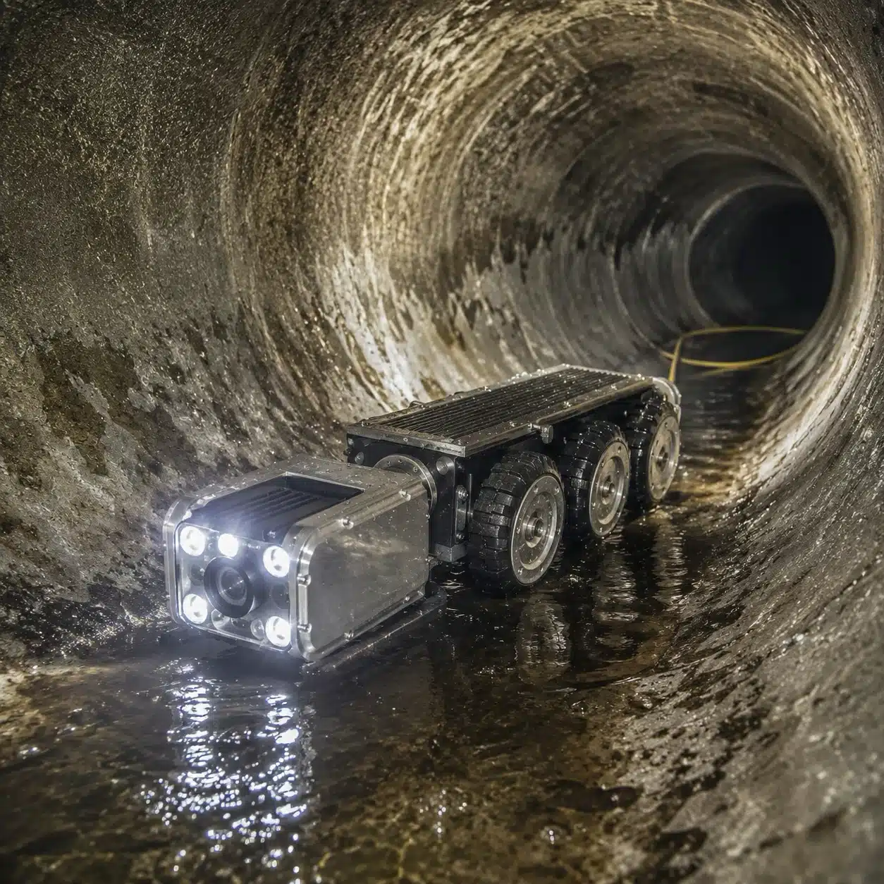 Sewer CCTV inspection services crawler operating inside a concrete sewer pipe