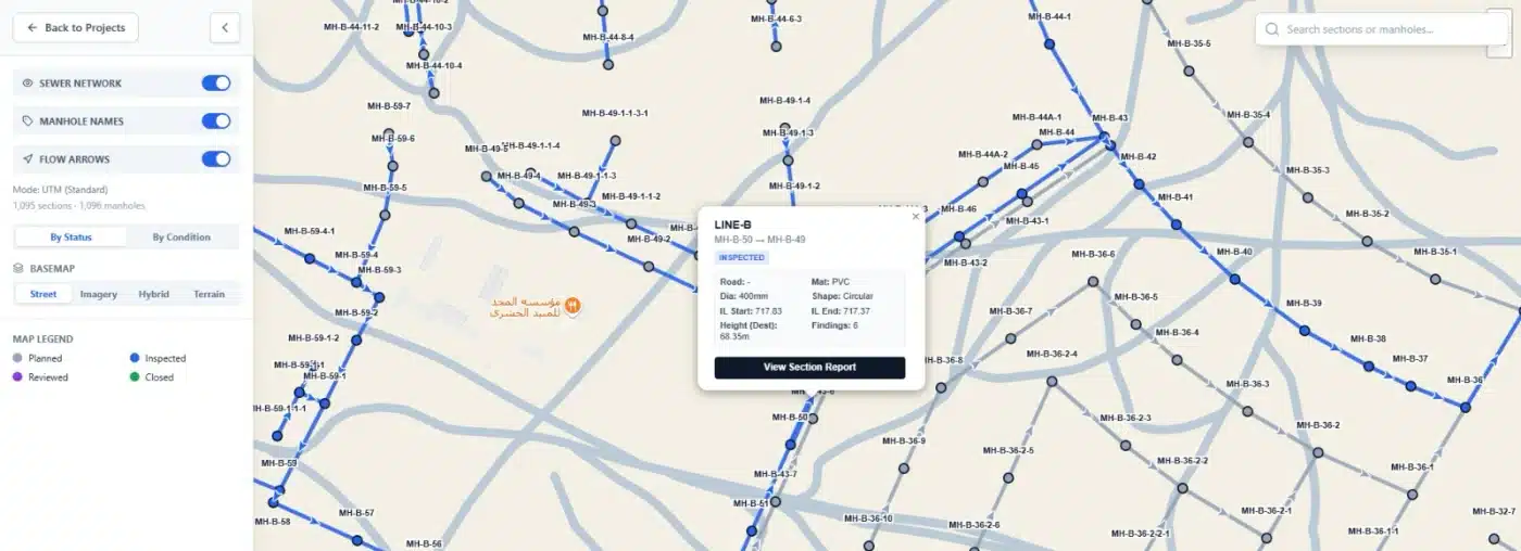 Terra SewerX network map showing sewer sections, inspection status, manhole locations, and a selected section report