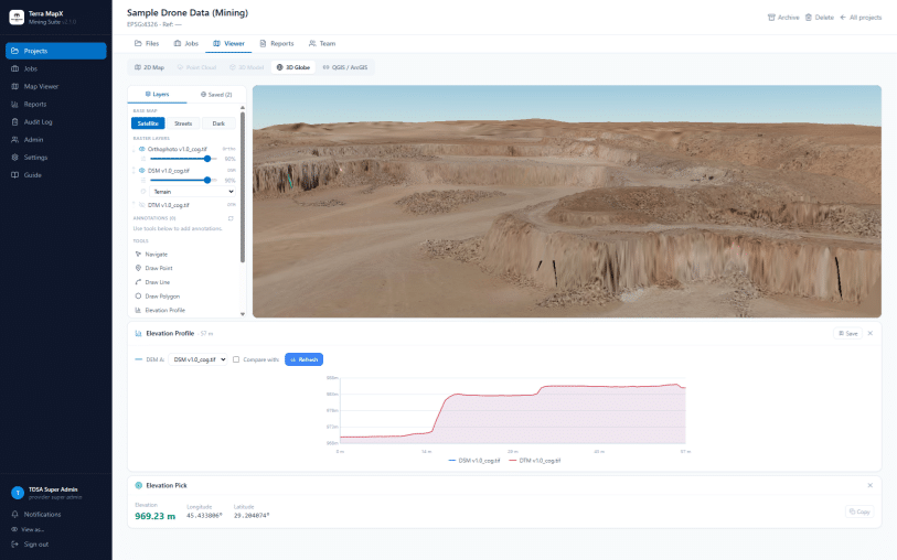 Terra MapX 3D globe view of a drone mining survey with an elevation profile chart
