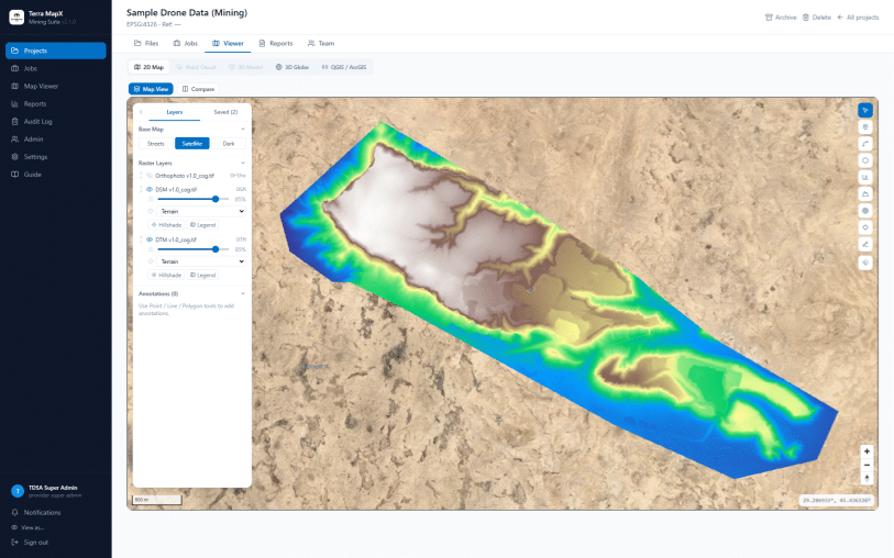 Terra MapX 2D map showing colorized DSM and DTM terrain layers overlaid on a satellite basemap