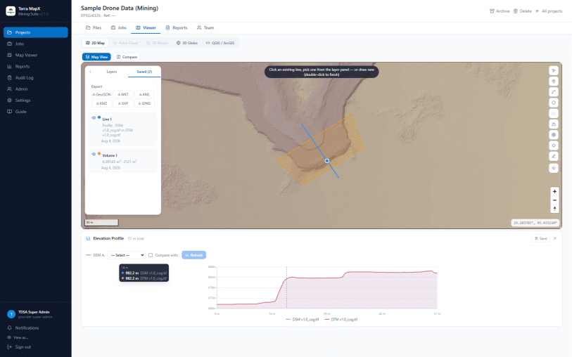 Terra MapX 2D map view with a drawn volume polygon, elevation line tool, and GeoJSON, KML, and SHP export options
