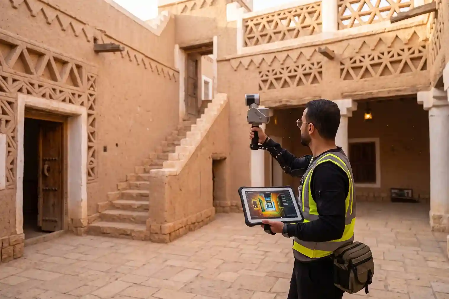 Field surveyor using a handheld SLAM laser scanner inside a historic heritage courtyard.