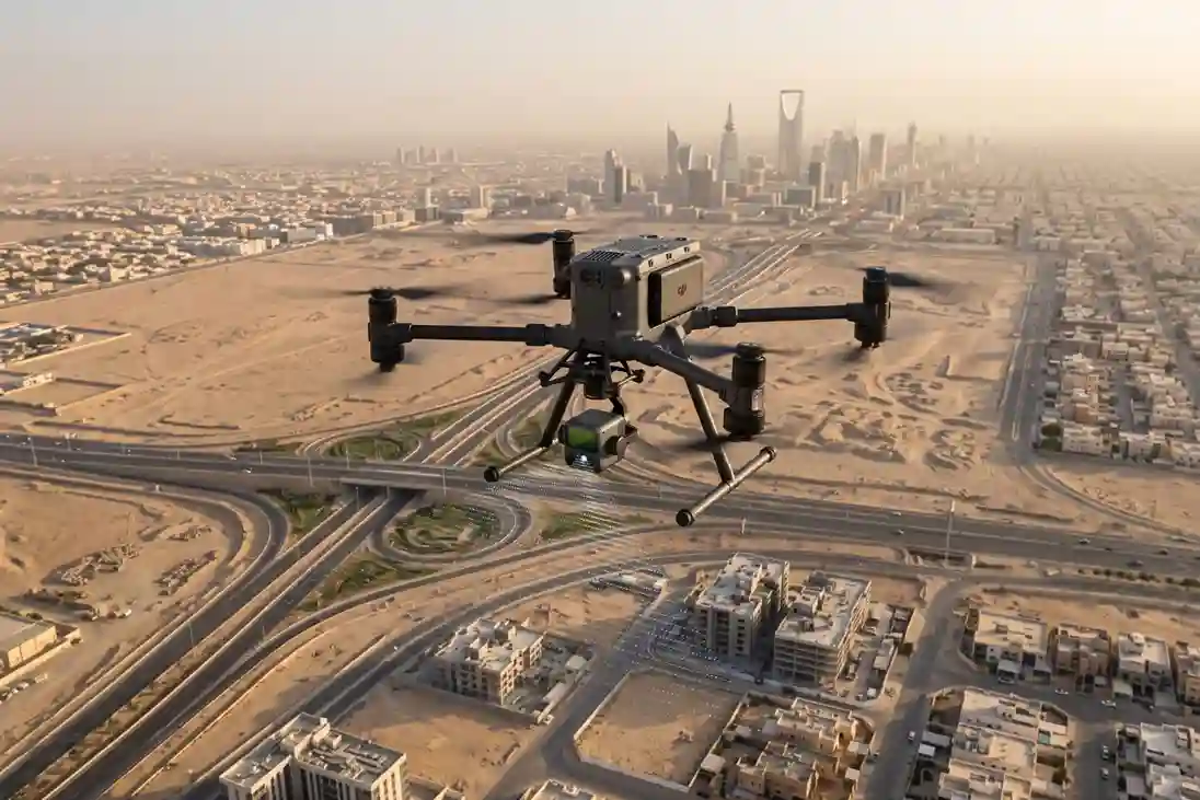 Enterprise drone DJI Matrice 400 carrying a Zenmuse L3 LiDAR payload over a municipal utility corridor.